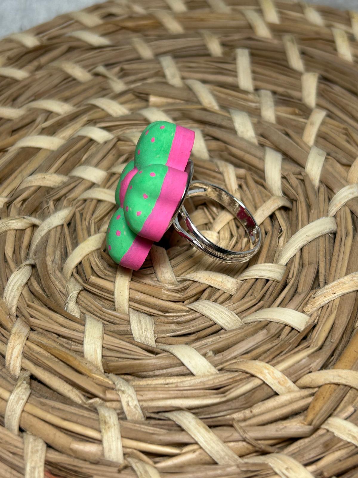 Anillo flor verde y rosa